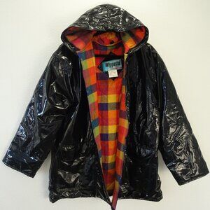 Vintage Wippette Women's Raincoat Shiny Black Finish Rainbow Plaid Lined